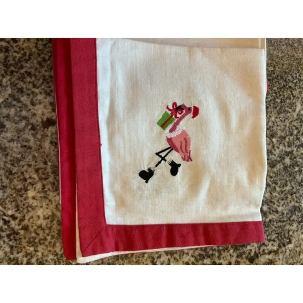 Set Of 4 FLAMINGO Santa Christmas Embroidered White Napkins Cotton Linen NWT New